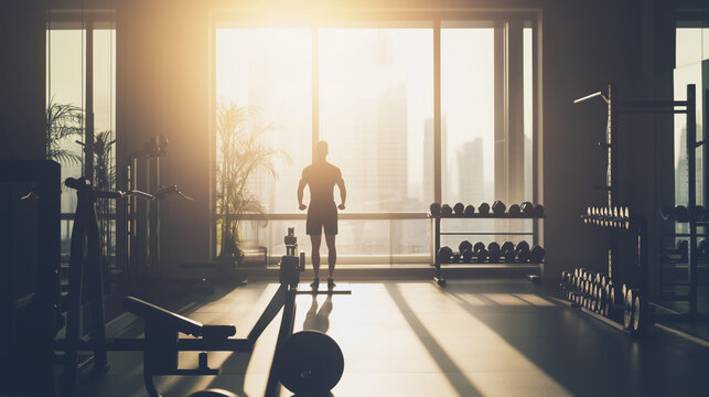 Focused athlete training in modern gym at sunrise, dedication