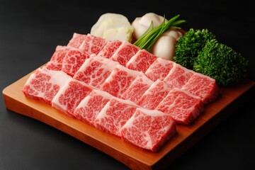 Freshly Cut Marbled Beef Slices with Fresh Herbs and Vegetables