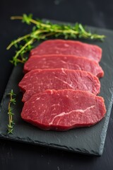 Fototapeta premium Freshly Sliced Beef Steak with Thyme on Slate Serving Board
