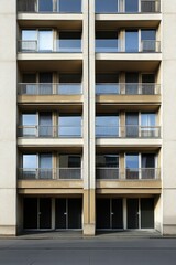 Obraz premium Modern residential building featuring multiple balconies and large windows overlooking the street with a minimalist architectural design