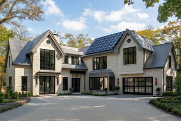 Nestled in nature, this contemporary luxury home boasts solar panels and is beautifully illuminated by the vibrant rays of a sunny day