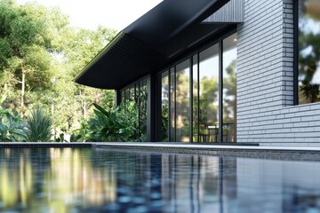 Modern architectural design showcasing a serene poolside view of a sleek house surrounded by lush greenery during the daytime