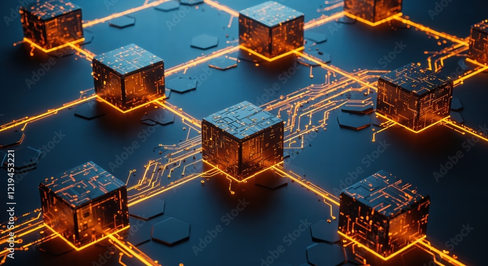 Poster futuristic network of glowing circuit cubes in digital matrix concept