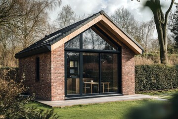 Modern brick house with large windows and a sloped roof nestled among greenery in a tranquil setting, surrounded by trees and grass during a clear day