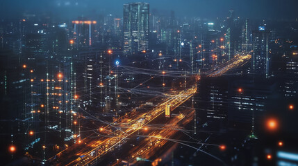 Naklejka premium Smart digital Innovation city with connection network reciprocity over the twilight cityscape. of future smart wireless digital city and social media networking systems that connects people with city 