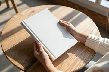 Woman's Hands Gently Holding a Blank White Book Cover on a Sunny Wooden Table