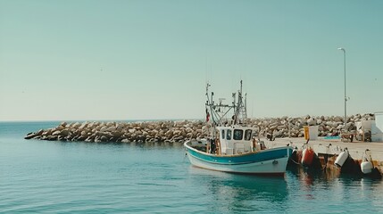 Fototapeta premium Fishing boat docked, clear sea, sunny day, harbor rocks
