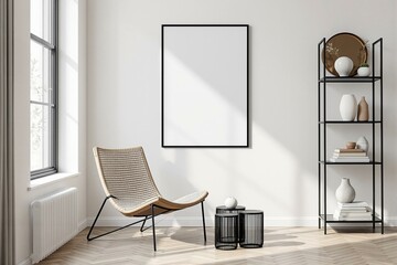 Minimalist frame mockup for wall posters. Japandi-style living room with blank wall background. 3D-rendered home decor.