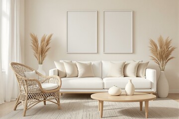 Japandi-style frame mockup for wall posters. Living room interior with blank wall background. Minimalist 3D-rendered modern home decor.