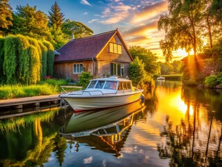 Obraz premium Small Powerboat Moored by Riverside Building at Sunset - Scenic Landscape Stock Photo