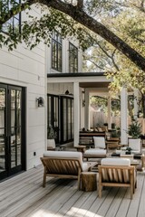 Modern outdoor living space with natural wood furniture and lush greenery in a bright, inviting atmosphere during the afternoon sun