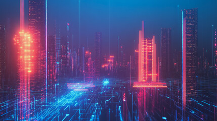 Smart digital Innovation city with connection network reciprocity over the twilight cityscape. of future smart wireless digital city and social media networking systems that connects people with city
