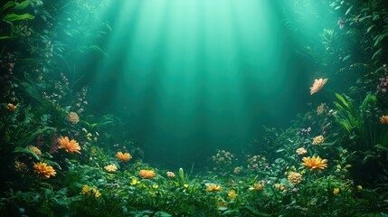 Magical forest scene with light rays illuminating flowers.