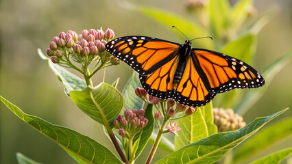 Monarch butterfly on milkweed plant resting on blossoms in serene natural setting