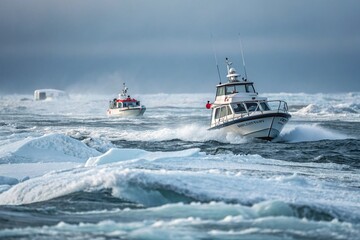 Small Yachts Winter Training: High-Resolution Stock Photo of Sailing Vessels Navigating Icy Waters