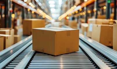 A cardboard box on a conveyor belt in a warehouse, highlighting logistics and distribution.