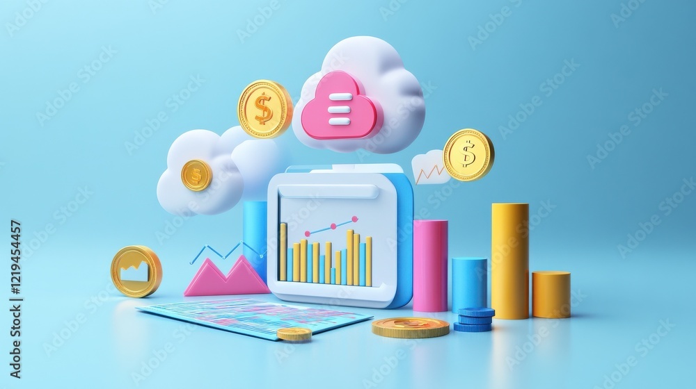 Poster 3d flat vector as cloud computing cost management with financial symbols concept as vector illustrat