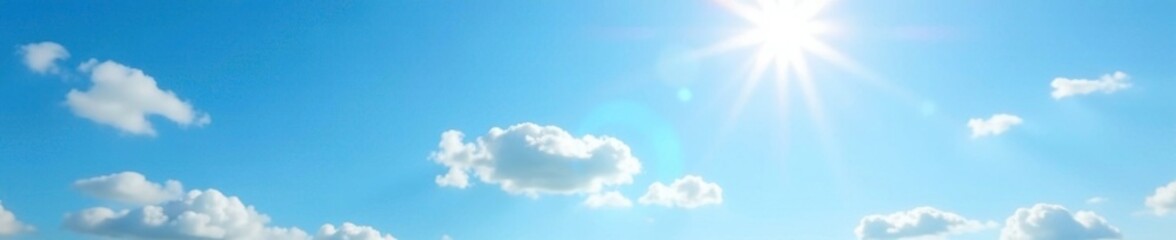 Obraz premium Blue sky with wispy white clouds and sun shining through the atmosphere, blue, soft, photography