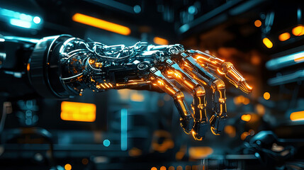 Hyper-realistic holographic display of a 3D robot arm, floating mid-air, glowing neon beams illuminating intricate mechanics