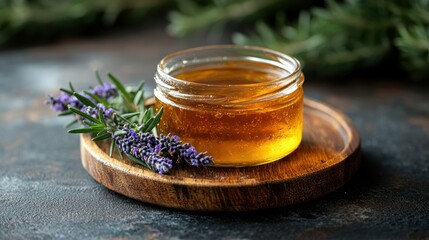 Lavender honey jar, rustic table, herbs, food photography, recipe