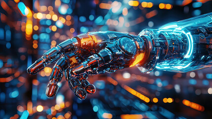 Hyper-realistic holographic display of a 3D robot arm, floating mid-air, glowing neon beams illuminating intricate mechanics