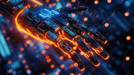 Hyper-realistic holographic display of a 3D robot arm, floating mid-air, glowing neon beams illuminating intricate mechanics