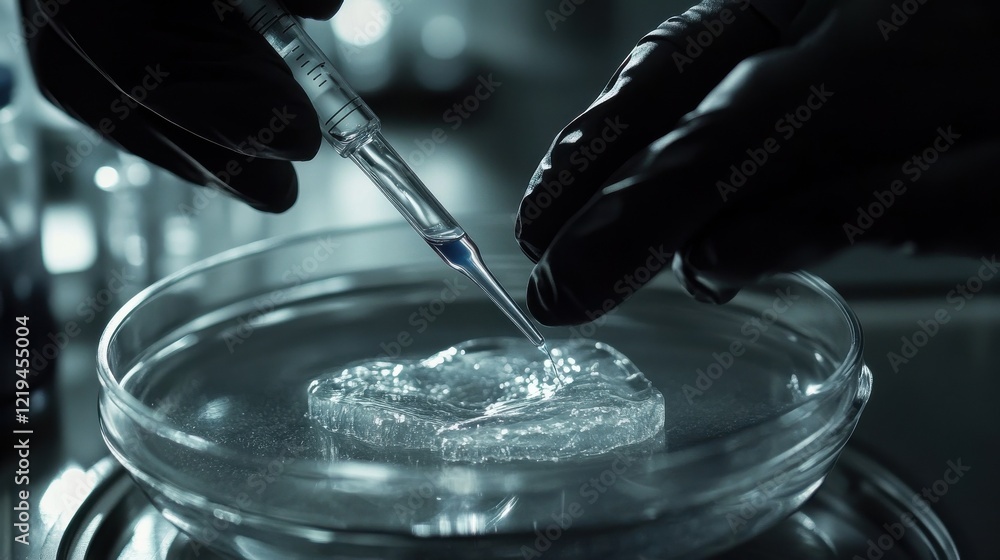Poster close up shot of scientist hands pipetting sample into dish for dna testing in laboratory