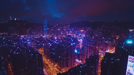 Obraz premium Smart digital Innovation city with connection network reciprocity over the twilight cityscape. of future smart wireless digital city and social media networking systems that connects people with city 