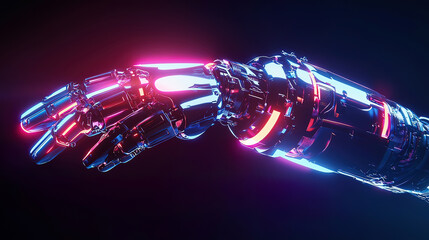 Hyper-realistic holographic display of a futuristic robot arm, floating mid-air, glowing neon beams illuminating mechanical details