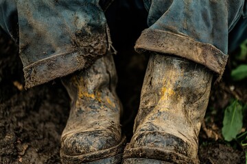 Dirty work boots resting in mud after a long day of outdoor labor at a rural farm during early morning hours
