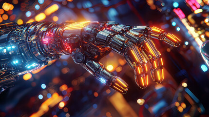 Hyper-realistic holographic display of a rotating 3D robot arm, glowing neon beams illuminating intricate mechanical parts