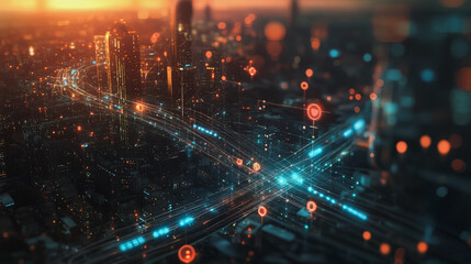 Obraz premium Smart digital Innovation city with connection network reciprocity over the twilight cityscape. of future smart wireless digital city and social media networking systems that connects people with city 