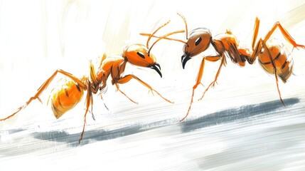 Two orange ants facing, painted artwork.