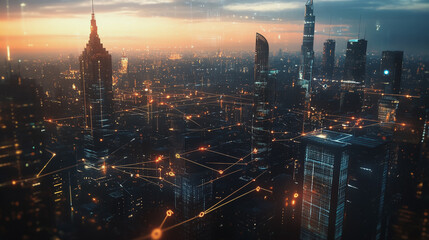 Fototapeta premium Smart digital Innovation city with connection network reciprocity over the twilight cityscape. of future smart wireless digital city and social media networking systems that connects people with city 