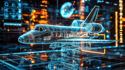 Hyper-realistic holographic display of a rotating 3D space shuttle, glowing neon beams illuminating intricate mechanics, cosmic backdrop