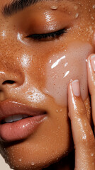 Fototapeta premium Close-up of Woman's Face with Facial Cleanser and Water Droplets