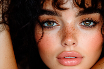 Close-up Portrait of a Young Woman with Freckles and Green Eyes