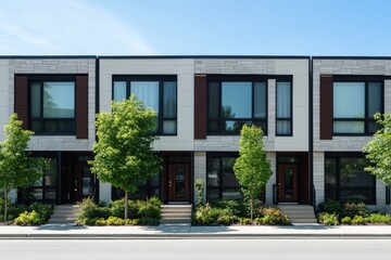 Fototapeta premium Modern townhouses with greenery lining the front, located on a vibrant street under a clear blue sky in a contemporary urban neighborhood