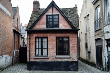 Fototapeta premium Charming brick house with black windows surrounded by narrow alleyways in a historic neighborhood during overcast weather