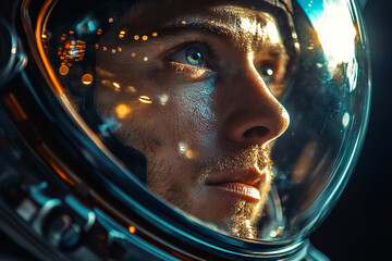 Astronaut portrait viewed through helmet visor