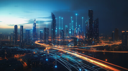 Obraz premium Smart digital Innovation city with connection network reciprocity over the twilight cityscape. of future smart wireless digital city and social media networking systems that connects people with city 