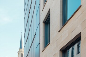 In an urban landscape characterized by modern architecture, a historic church steeple stands in striking contrast against the vibrant blue sky