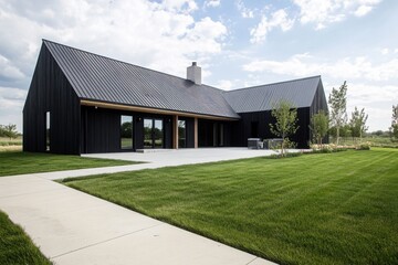 A contemporary black house featuring a sleek and stylish design is nestled amidst lush greenery, all set within a peaceful environment beneath a partly cloudy sky