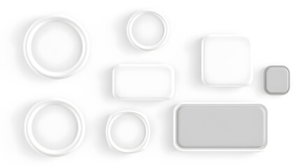 White monochrome 3D button set in different shapes. Blank glossy round, square and rectangle badges. Vector illustration. Generative AI