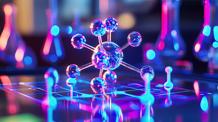 Hyper-realistic holographic display of a rotating molecular structure, glowing neon beams illuminating intricate atoms, futuristic lab