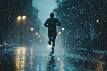 Obraz premium A runner in the rain on an urban street with glowing streetlights.