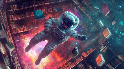 An astronaut floating through a library with books orbiting around them, each book glowing with colorful light