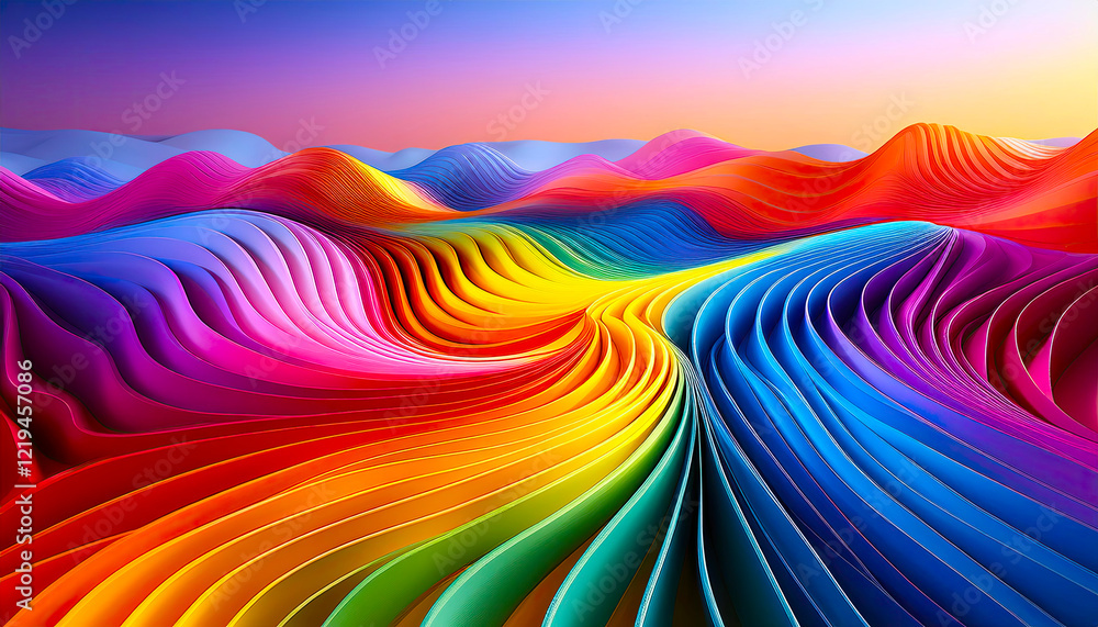 Poster vibrant waves of color undulating in an abstract multicolor spectrum landscape at dusk