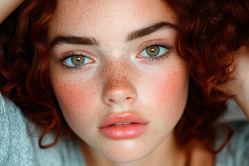 Fototapeta premium Portrait of Young Woman with Red Curly Hair and Freckles