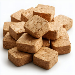 A neatly arranged pile of square cork blocks with a natural, textured surface, displayed on a clean white background. 